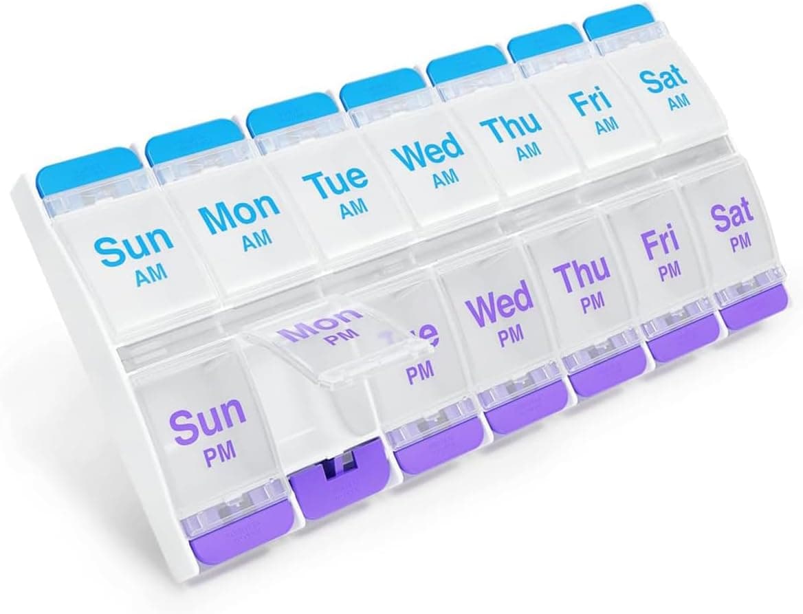 Ezy Dose Weekly (7-Day) AM/PM Pill Organizer, X-Large Case, Blue/Purple, 2 Times a Day Push Button Compartments, Portable & Travel-Friendly, BPA-Free