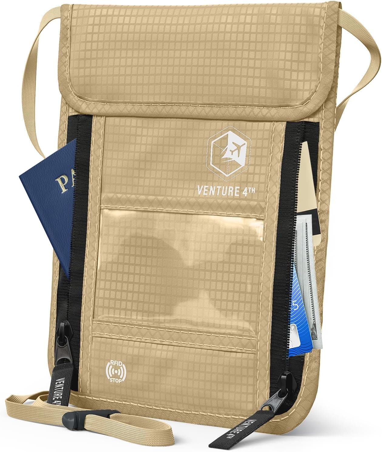 VENTURE 4TH Neck Wallet - RFID Blocking Passport Holder for Travel, Concealed Travel Wallet (Beige)