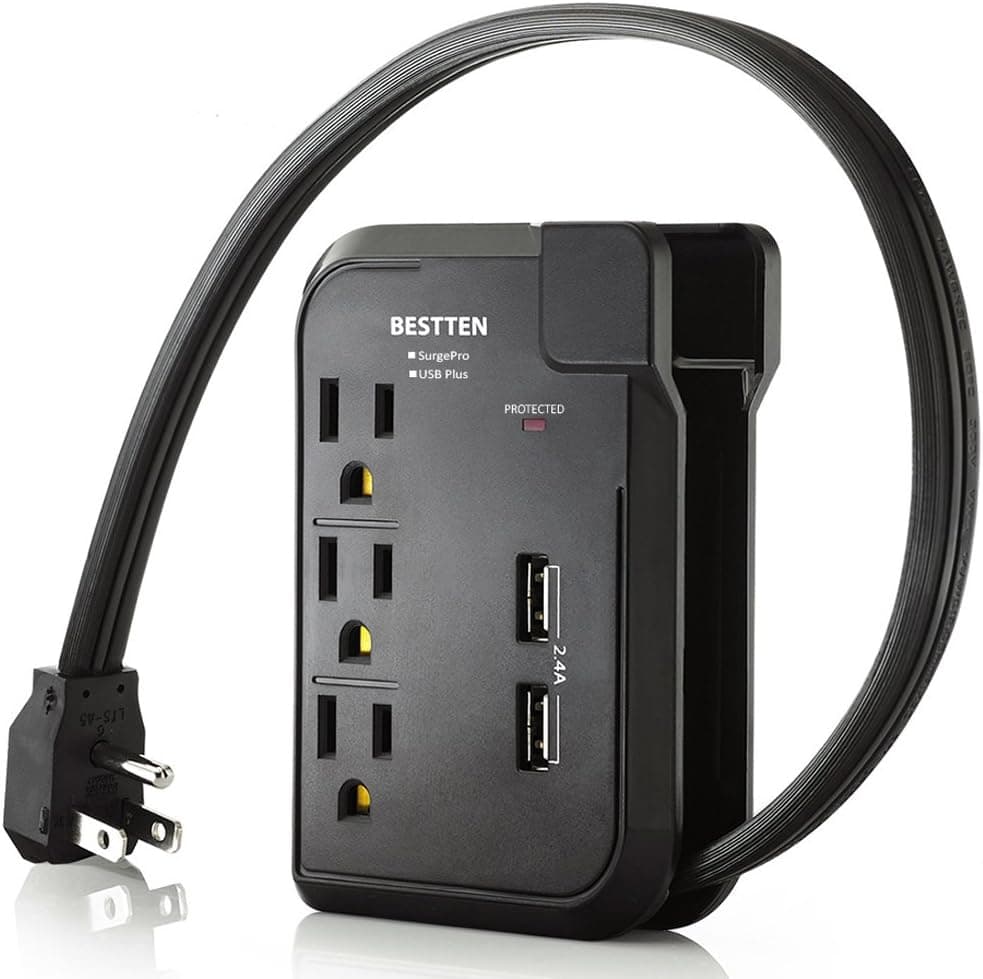 BESTTEN Travel Surge Protector Power Strip with 2.4A Dual USB Ports, 3 Grounded Outlets, 18-inch Extension Cord, Black