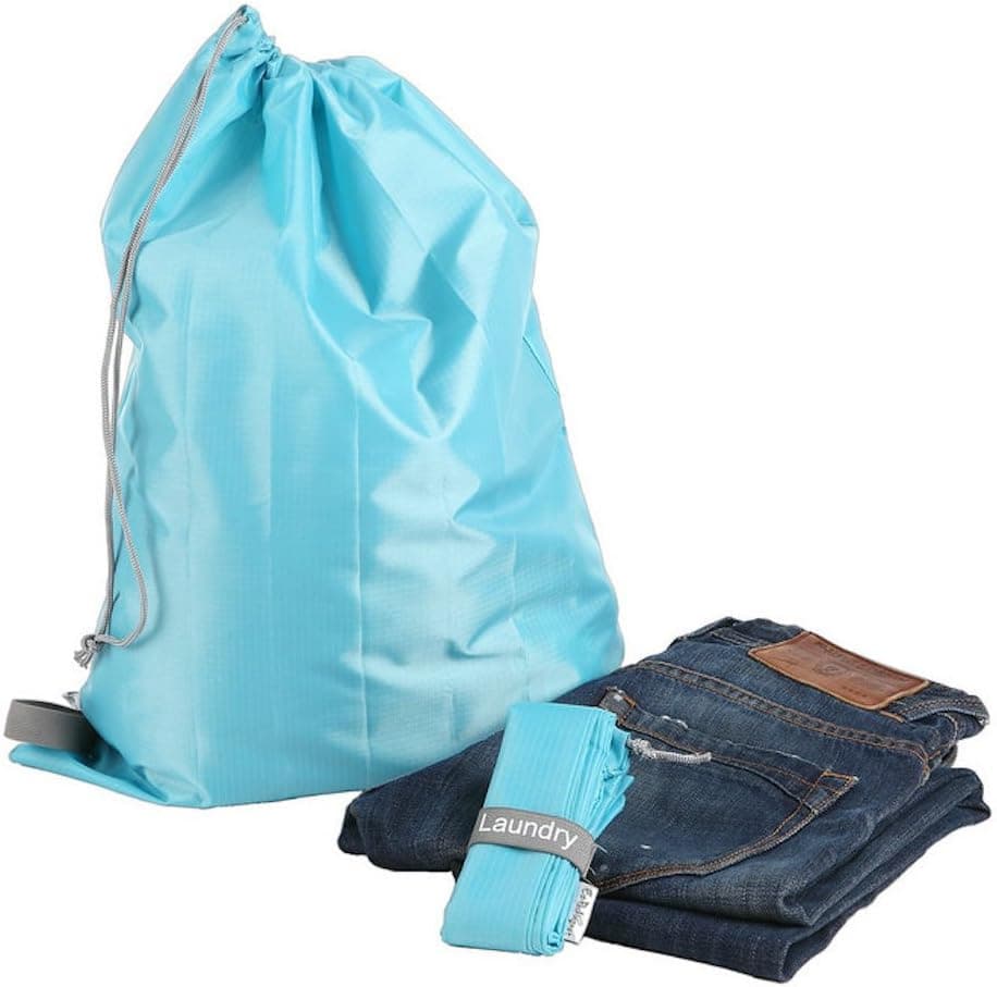 EzPacking Travel Laundry Bag with Drawstring, Foldable Compact Lightweight Small Travel Size for Suitcase (22" X 16"), Clean Dirty Clothes Wash Bag, Nylon Blue, Washable