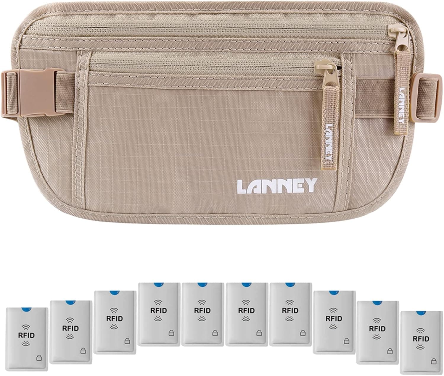 Money Belt for Travel, Slim RFID Blocking Hidden Travel Pouch Under Clothes with 10 RFID Sleeves