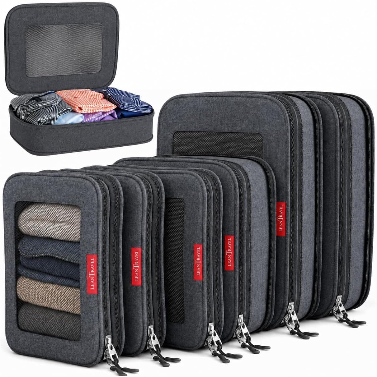 LeanTravel Premium Compression Packing Cubes with Double Zipper & Mesh Panel (6-Pack Black)