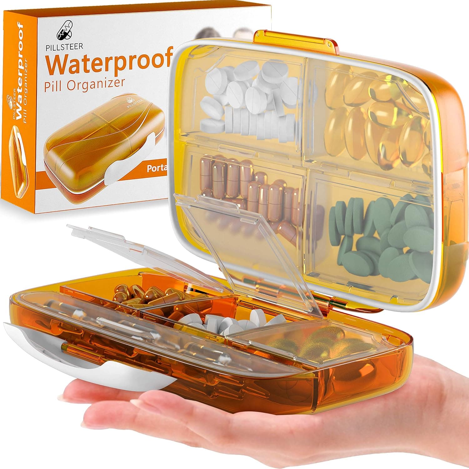 Travel Pill Organizer Medicine Dispenser - Moisture-Proof Pill Boxes and Organizer - Portable Vitamin Container Holder - 8 Large Compartments for Medication and Supplements