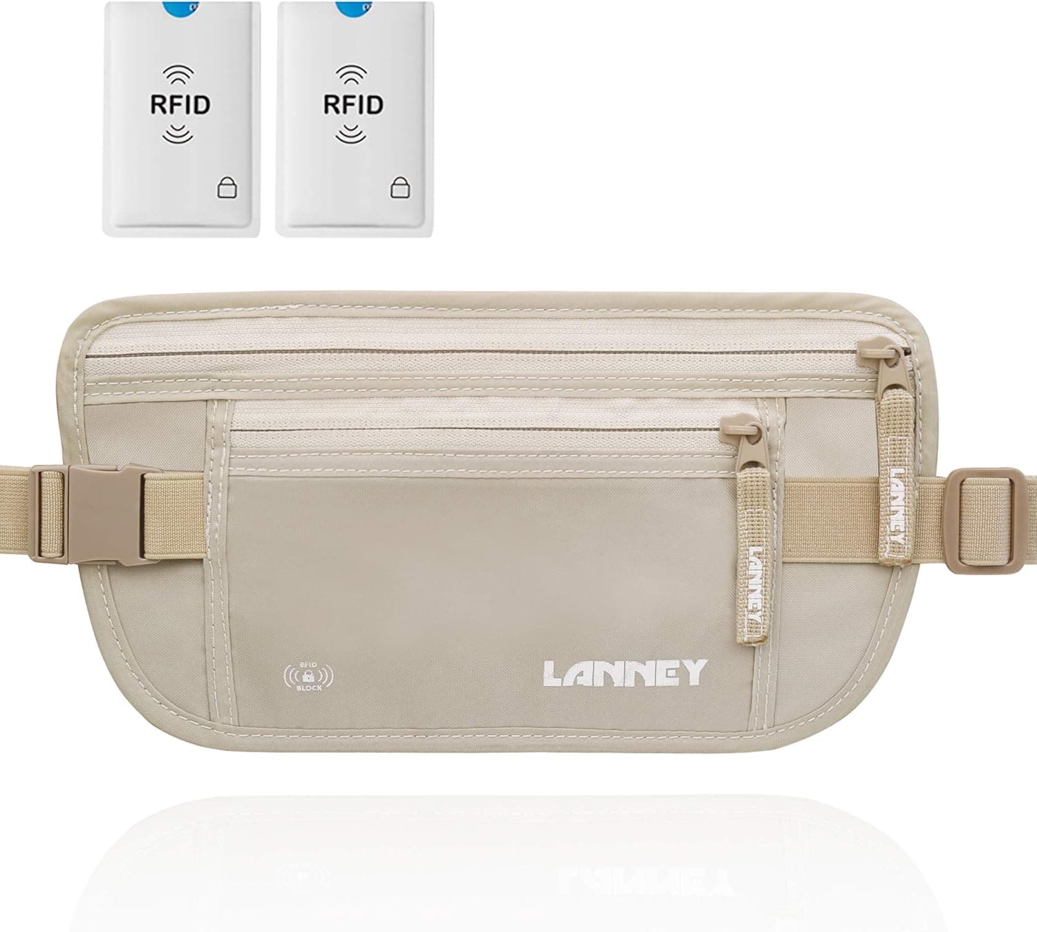 Travel Money Belt Hidden Waist Stash Wallet RFID Blocking Anti-Theft Passport Holder (Cream)