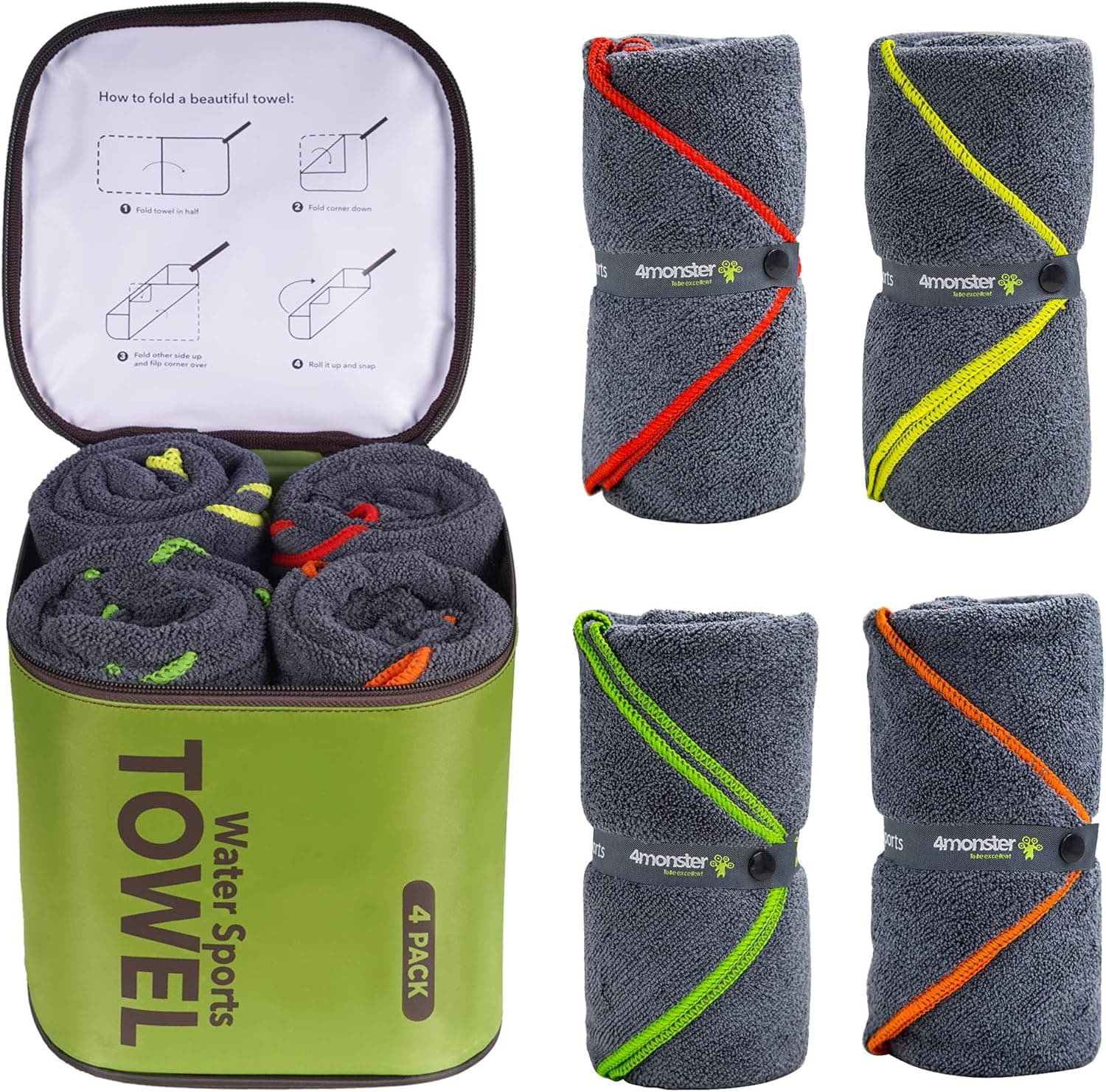 4Monster 4-Pack Quick Dry Microfiber Travel Towels - Ultra-Soft Camping Towel Set with Water-Resistant Bag