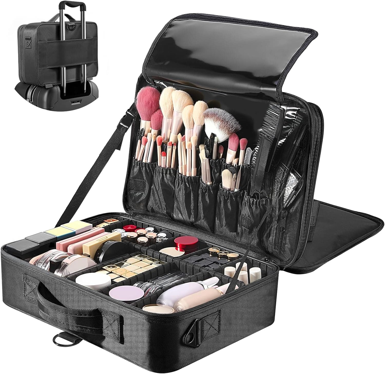 Luxspire Travel Makeup Bag Cosmetic Case, 3 Layer Large Professional Makeup Train Case with Shoulder Strap Mirror, Black