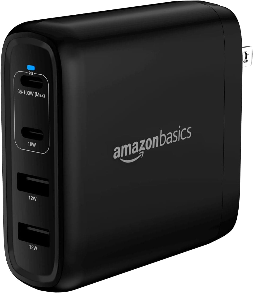 Amazon Basics 100W Four-Port GaN Wall Charger with 2 USB-C (100W, 18W) & 2 USB-A Ports (12W), PD 3.0, Foldable Plug, Black