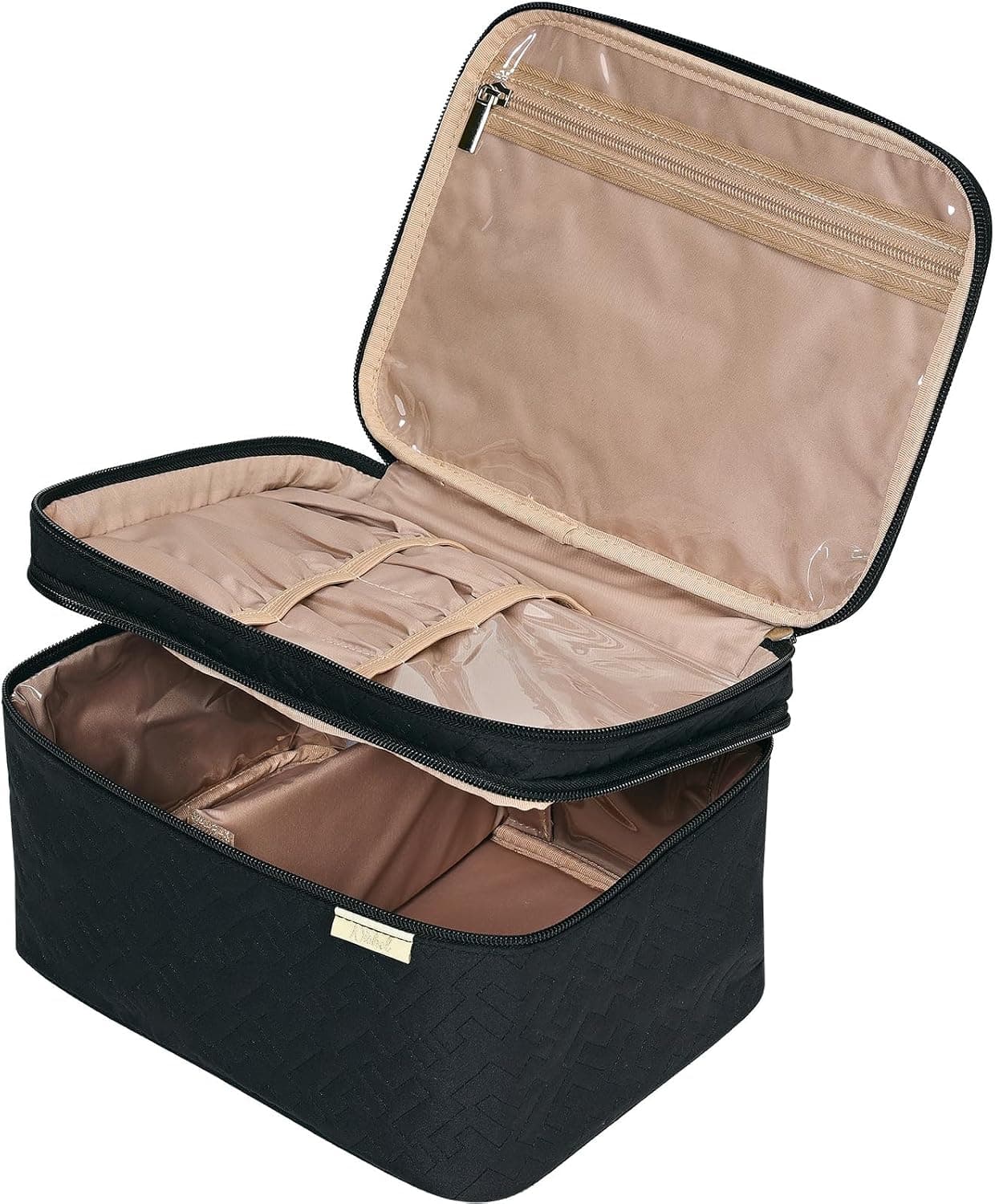 NISHEL Large Double Layer Travel Makeup Bag Women, Cosmetic Case, Organizer for Travel-Size Accessories, Black