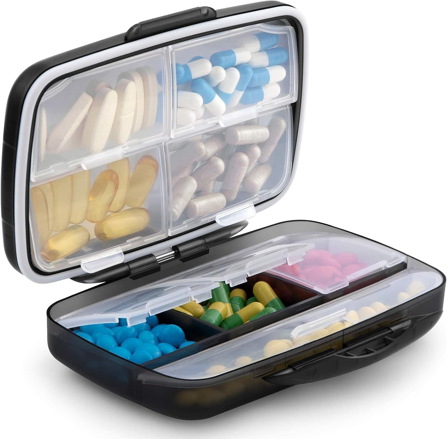 Fullicon Travel Pill Organizer Large Portable Medication Oversize 8 Compartment Pill Box, Vitamin Travel Case Pill Holder - Airtight & Moistureproof (Black)