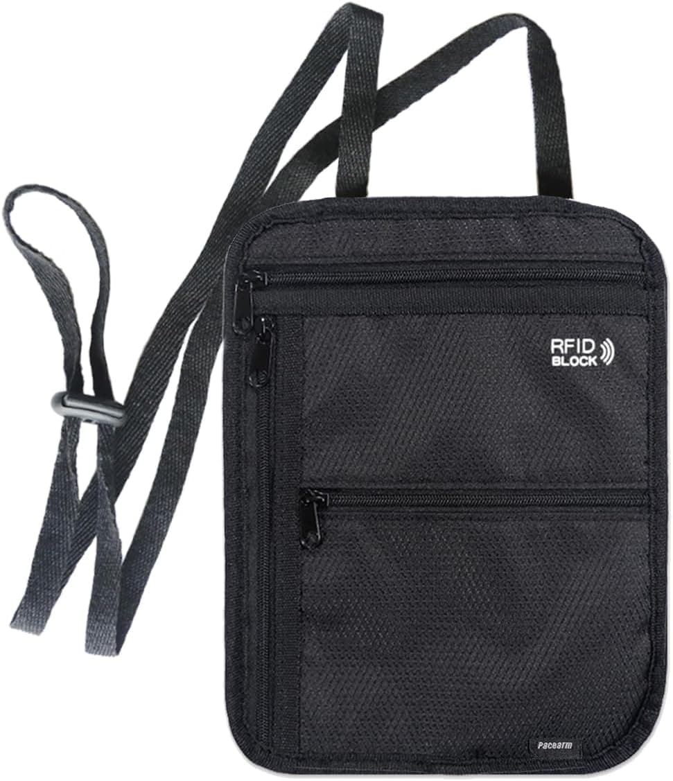 Travel Neck Wallet Neck Pouch with RFID Blocking - Family Passport Holder (Black)