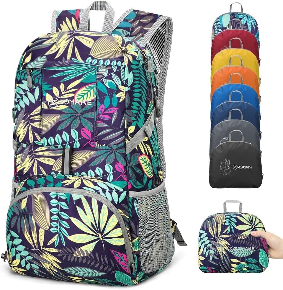 ZOMAKE Lightweight Packable Backpack 35L, Foldable Compact Folding Day Pack for Travel (Mixed Color-Leaves)