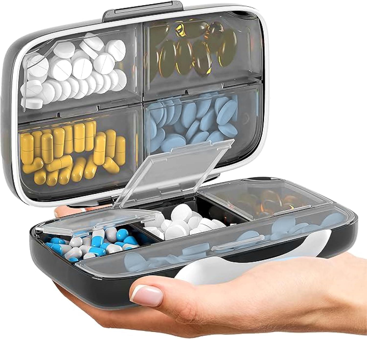 Travel Pill Organizer - Airtight Medicine Case for Traveling Portable Pharmacy Box with Labels, Vitamin Container 8 Compartment Supplement Medication Holder Large Capacity Daily (Black)