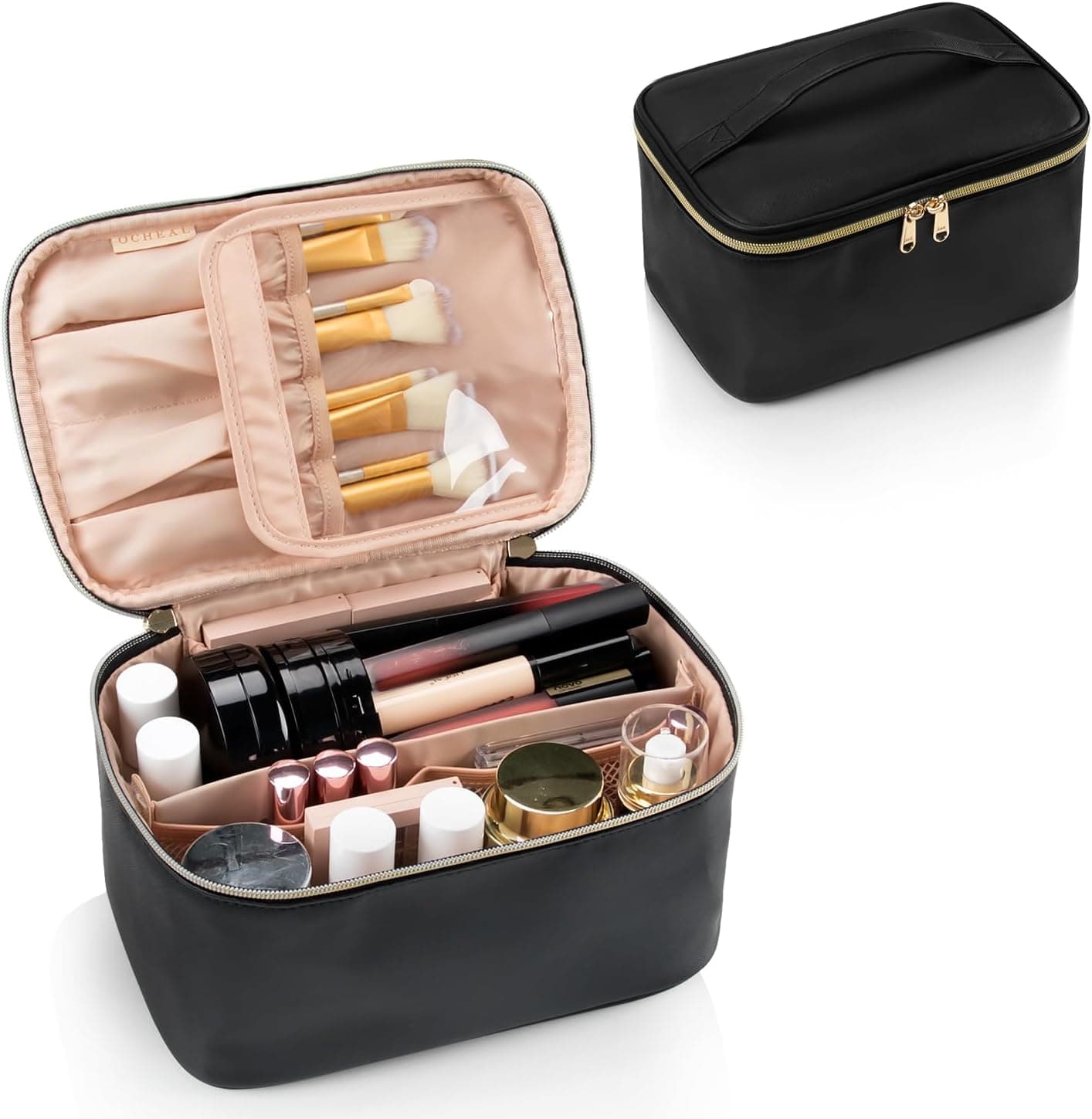 OCHEAL Makeup Bag, Portable Cosmetic Bag, Large Capacity Travel Makeup Case Organizer, Black For Women Toiletry Bag with Handle and Divider