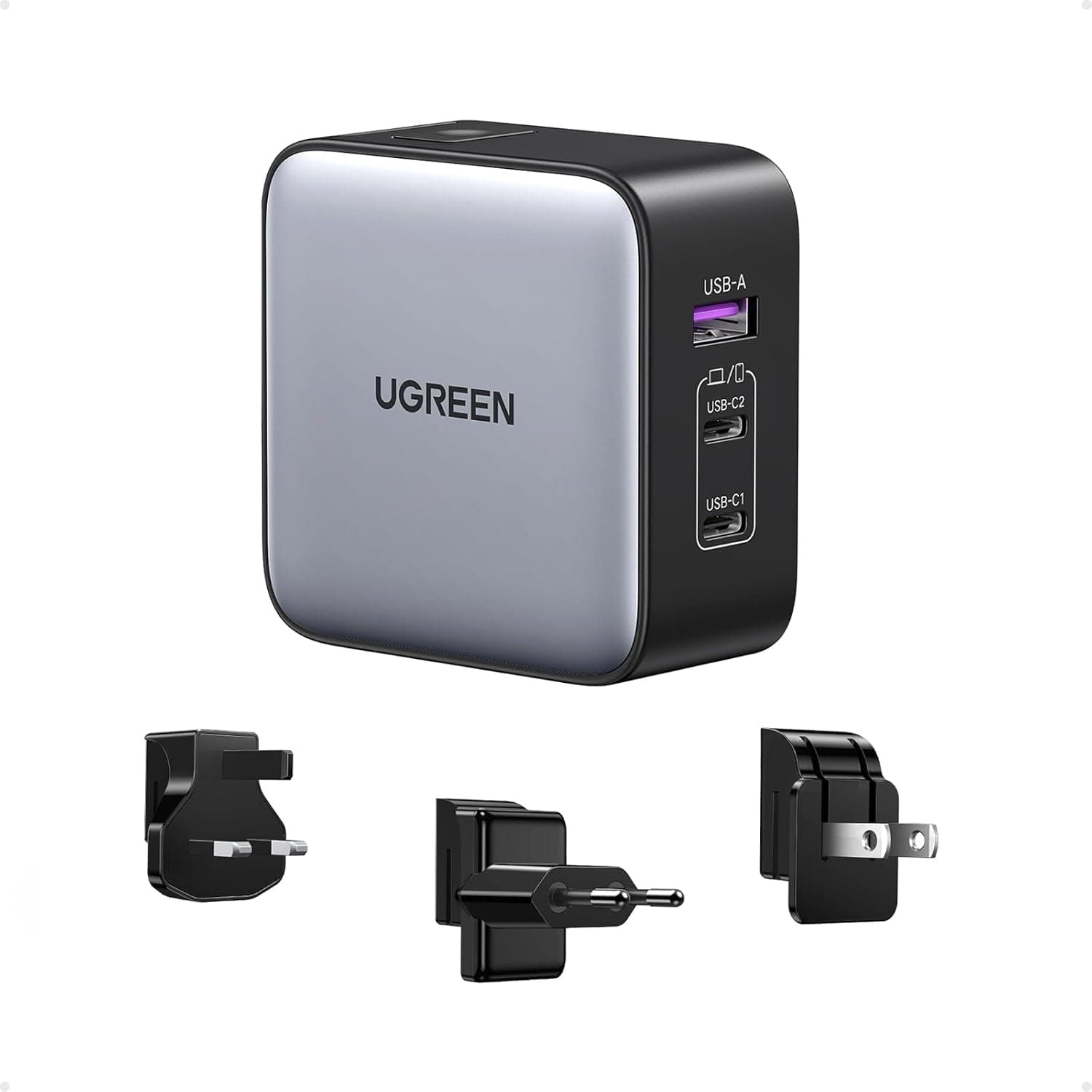 UGREEN 65W USB C Travel Adapter, Foldable Fast GaN Charger with US/UK/EU 3 Plugs, 3-Port International Power Adapter