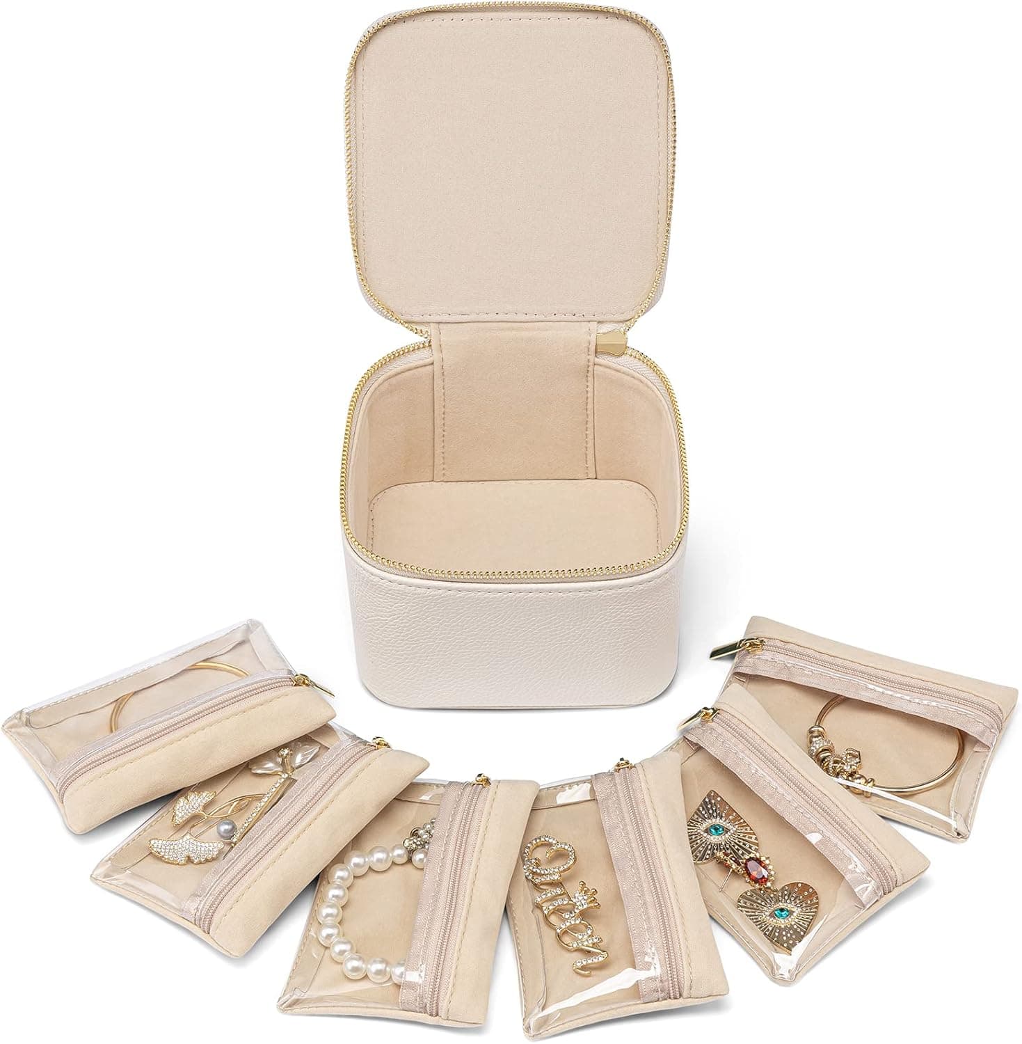VLANDO Travel Jewelry Case Small Jewelry Box Organizer with 6 Velvet Zipper Pockets, White