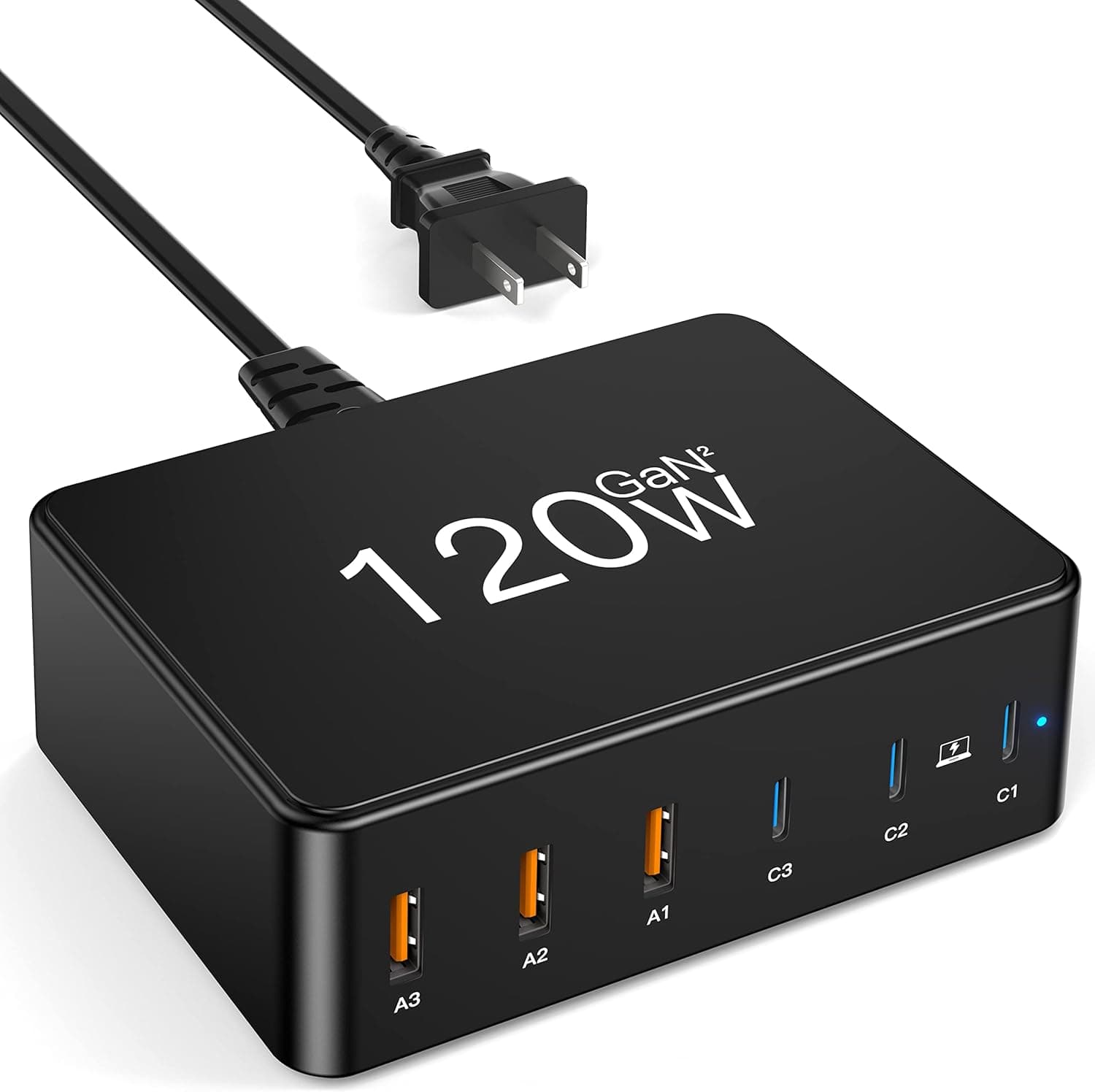 USB C Charger 120W GaN 6 Ports USB Charging Station, 3 Type-C and 3 USB A, Multiport Power Adapter