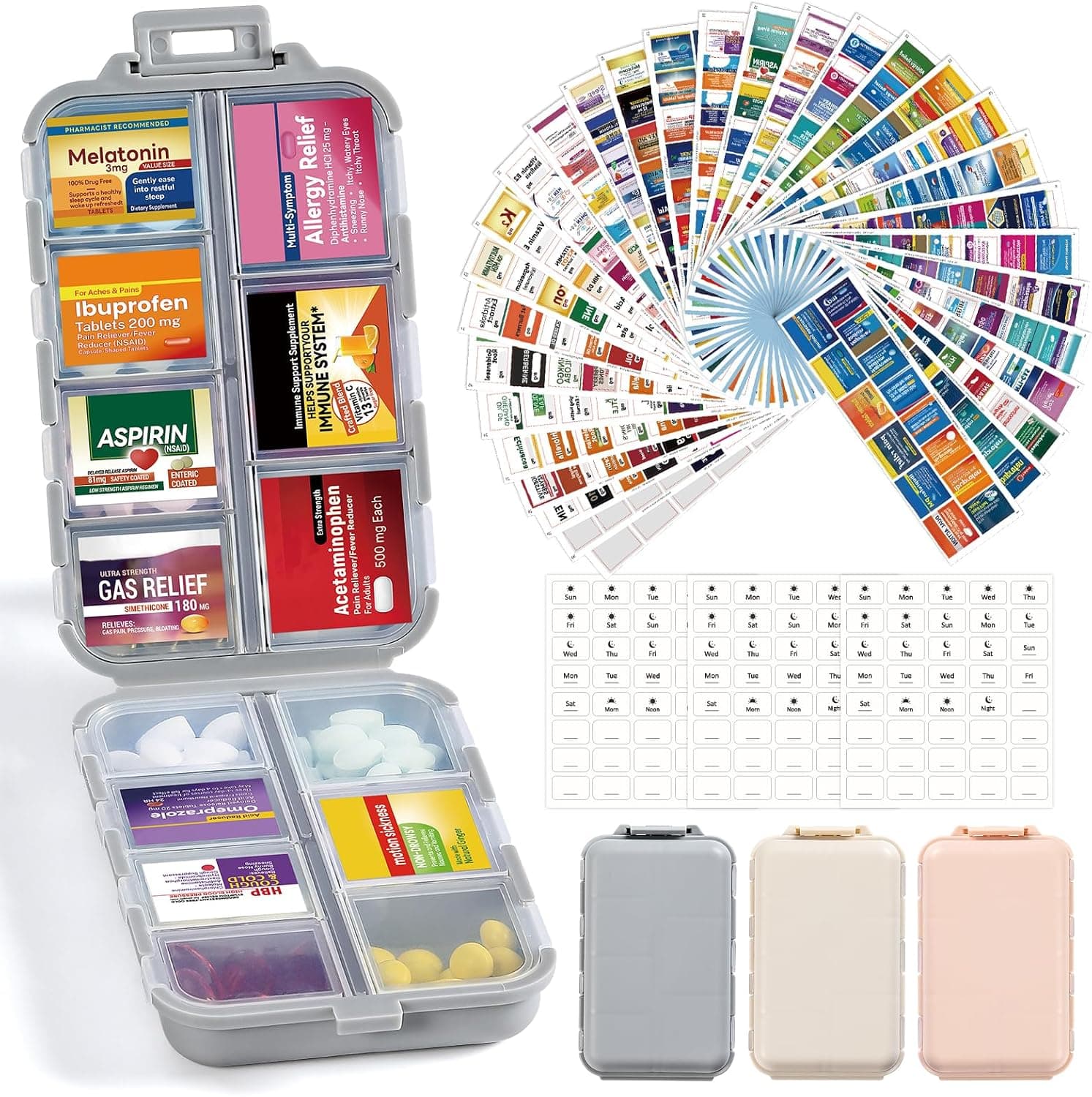 3 Pack 14 Grids Travel Pill Organizer Box with 415-Pcs Medicine Name Labels - Pocket Daily Pharmacy Case Container Kit - Travel Medication Holder Dispenser