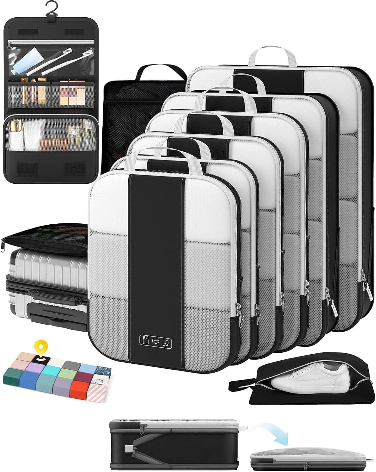 OlarHike 10 Set Compression Packing Cubes for Travel, Compressible Expandable Space Saver Bags (Black)