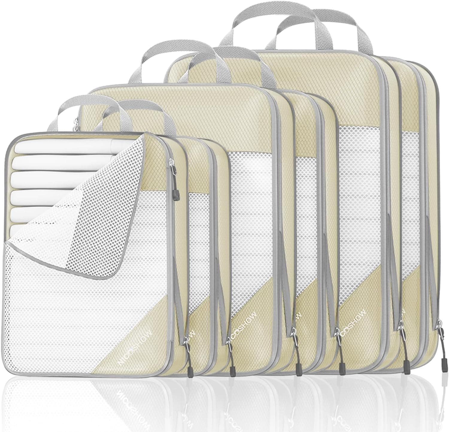 NICOSHOW Compression Packing Cubes 6 Set, Compressible Space-Saving Travel Luggage Organizer (Beige)