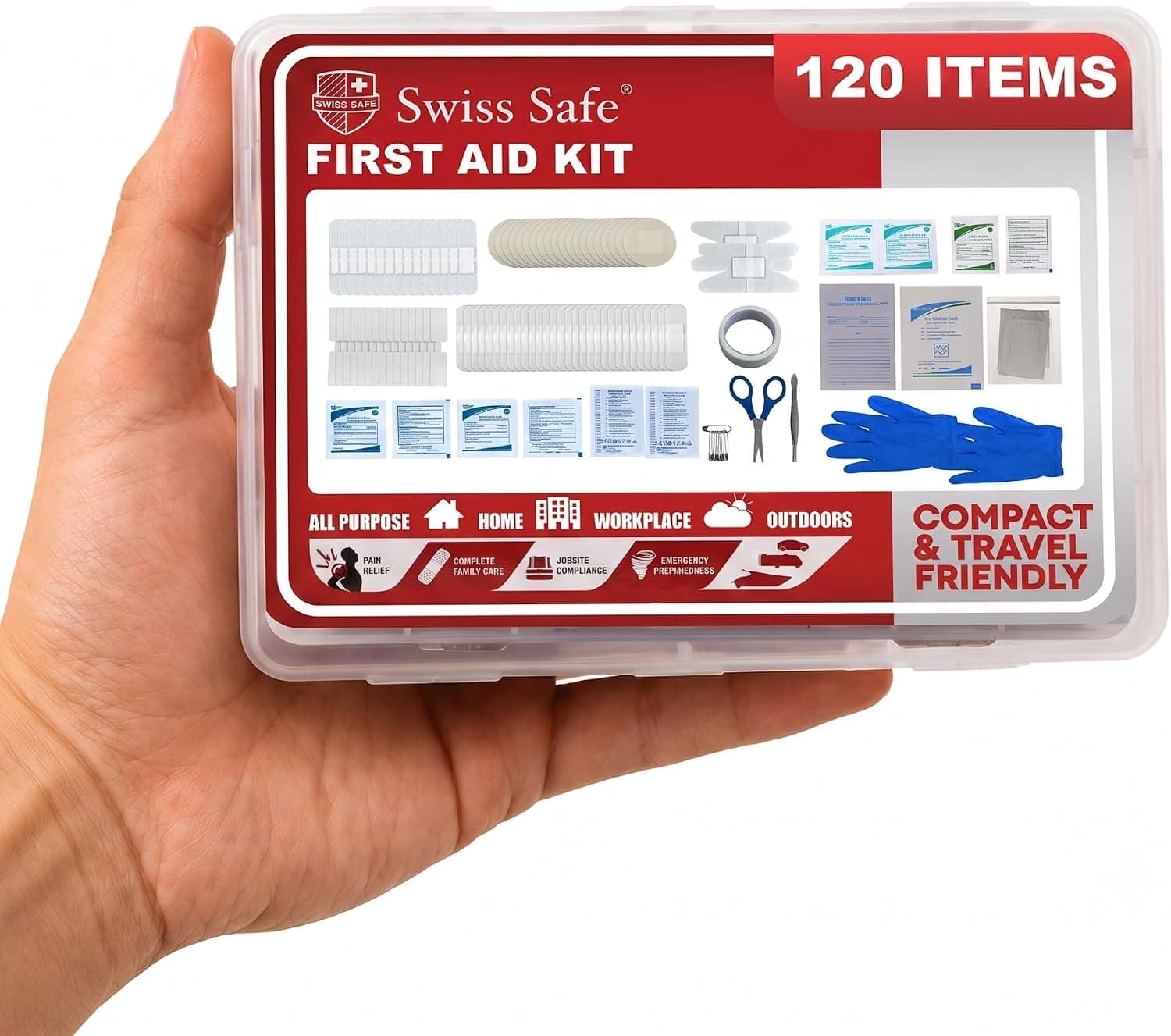 Swiss Safe Mini First Aid Kit - 120 Pcs Compact Hard Shell Medical Kit for Travel, Car, Camping