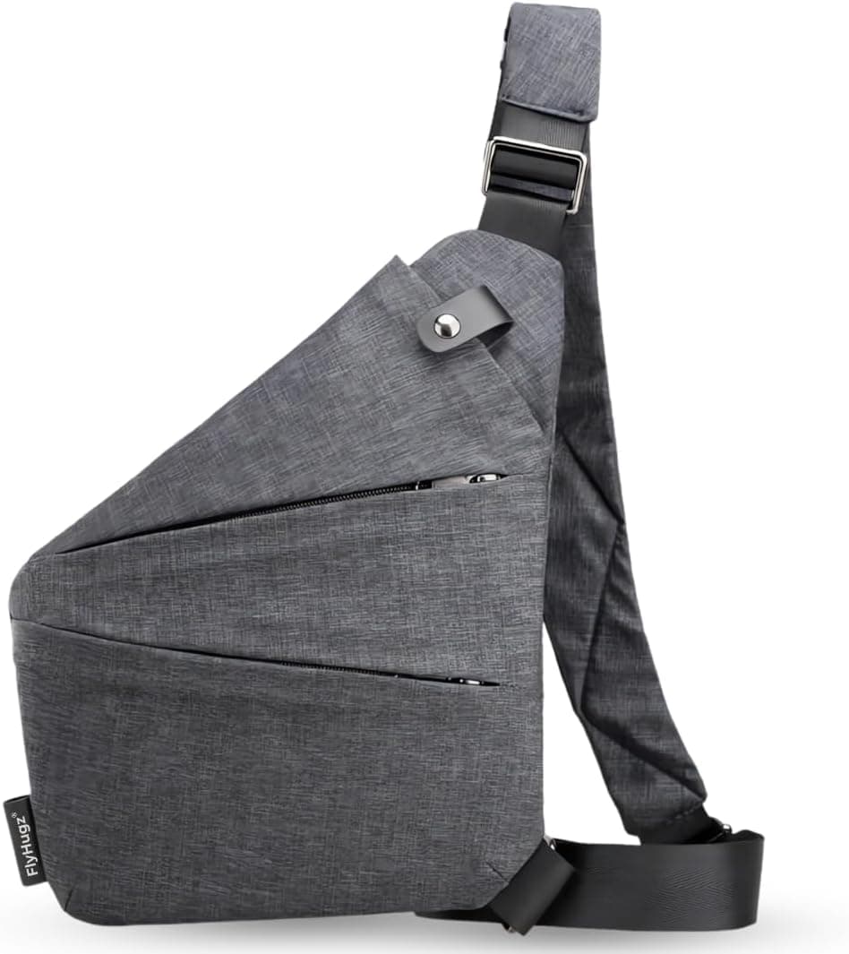 FlyHugz Anti-Theft Crossbody Sling Bag for Travel - Gray Canvas, RFID Protection, Water-Resistant