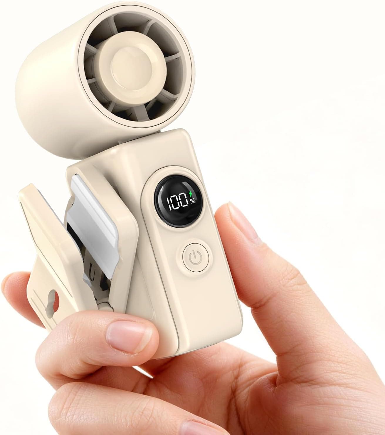 Portable Clip-On Mini Fan, Hands-Free, Turbo Personal Handheld Fans Rechargeable w/ 4 Wind & LED Display, Pocket Size Summer Cooling for Travel/Beach/Concert (Ivory)