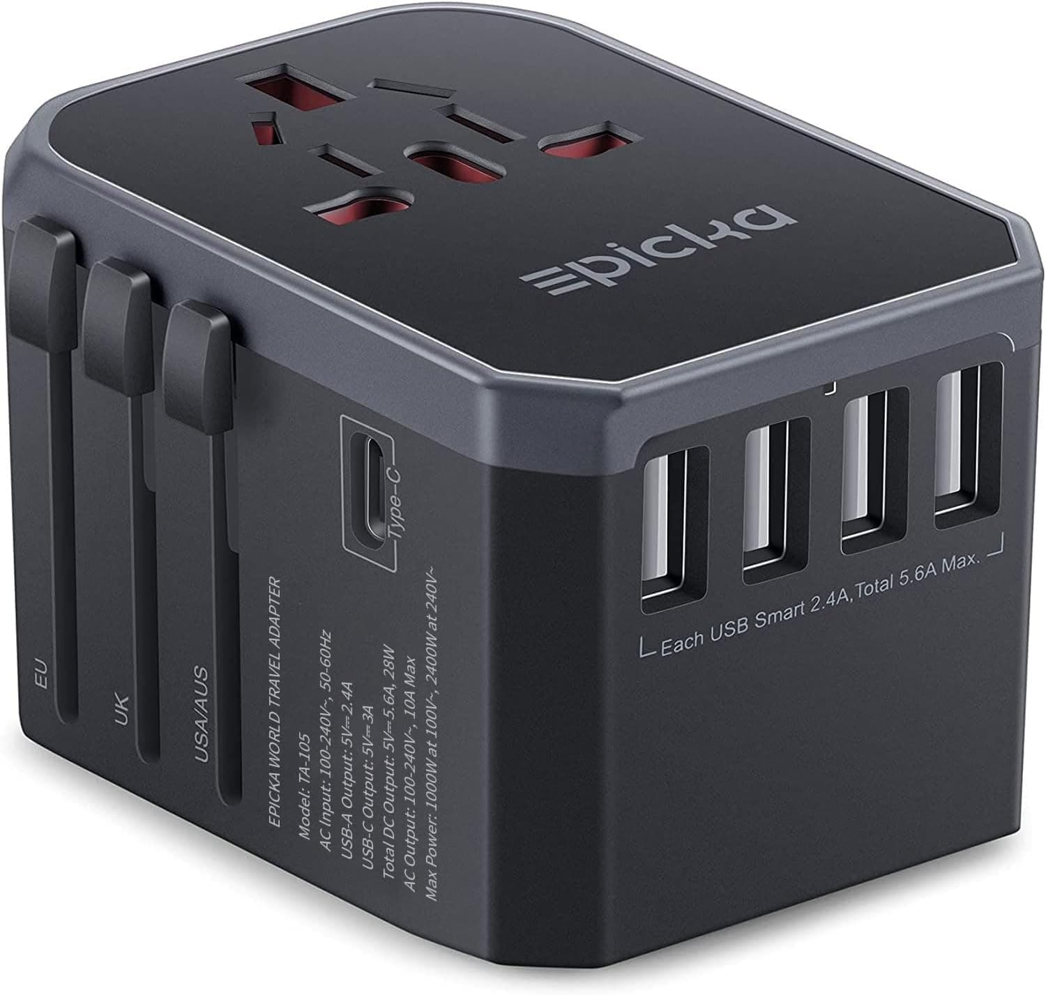 EPICKA Universal Travel Adapter (USB-C + 4 USB-A)