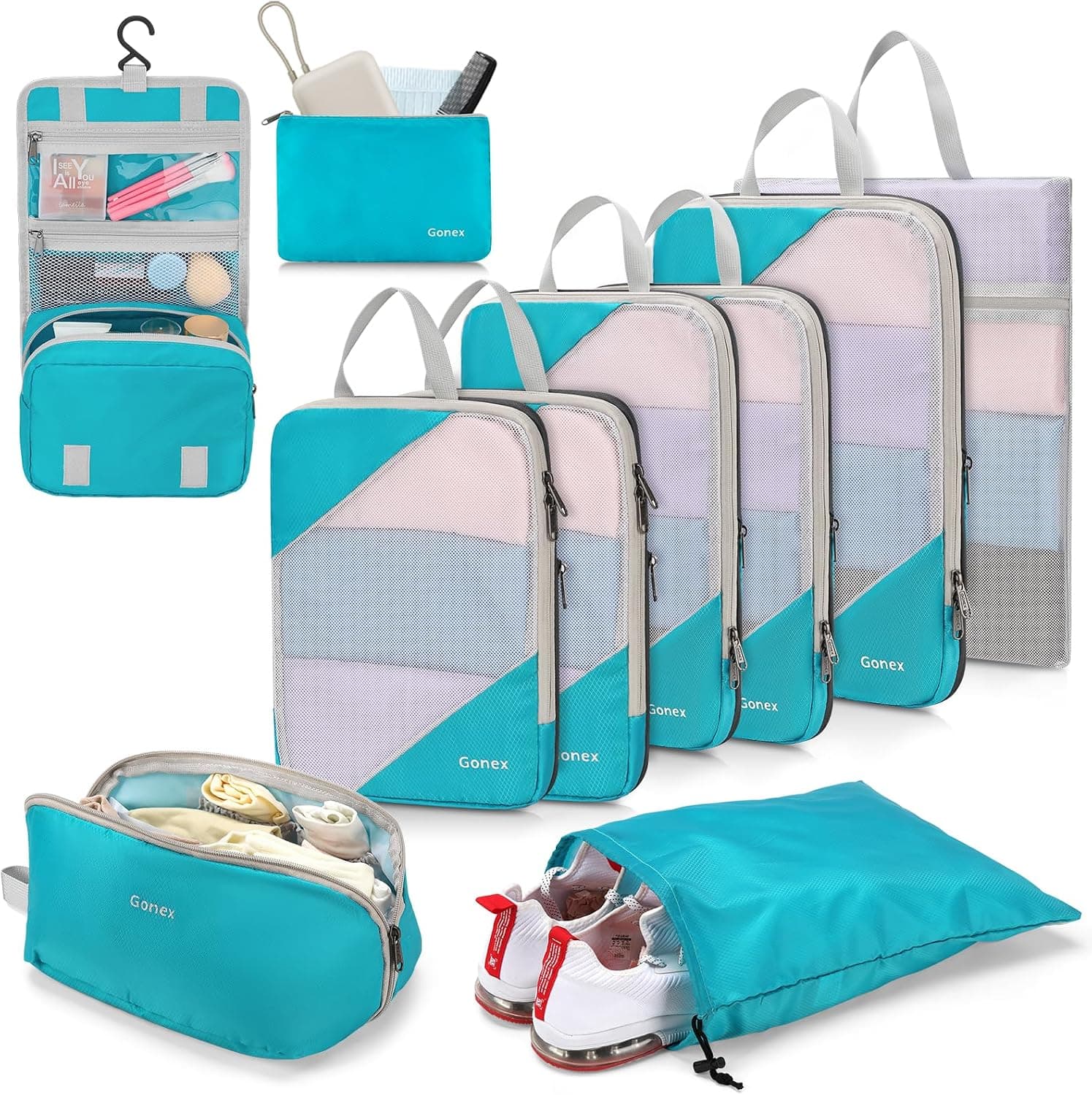 Gonex 10 Set Packing Cubes with Toiletry, Shoe & Laundry Bags