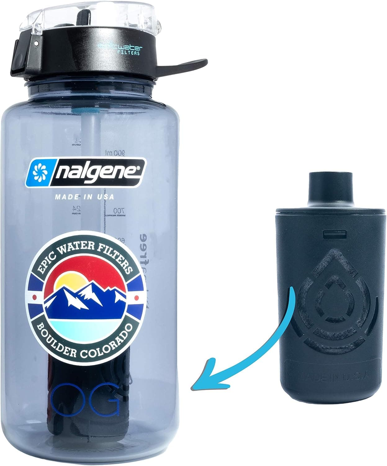 Epic Nalgene OG Water Bottle with Filter, USA Made, Removes 99.99% Tap Water Impurities, 32 oz