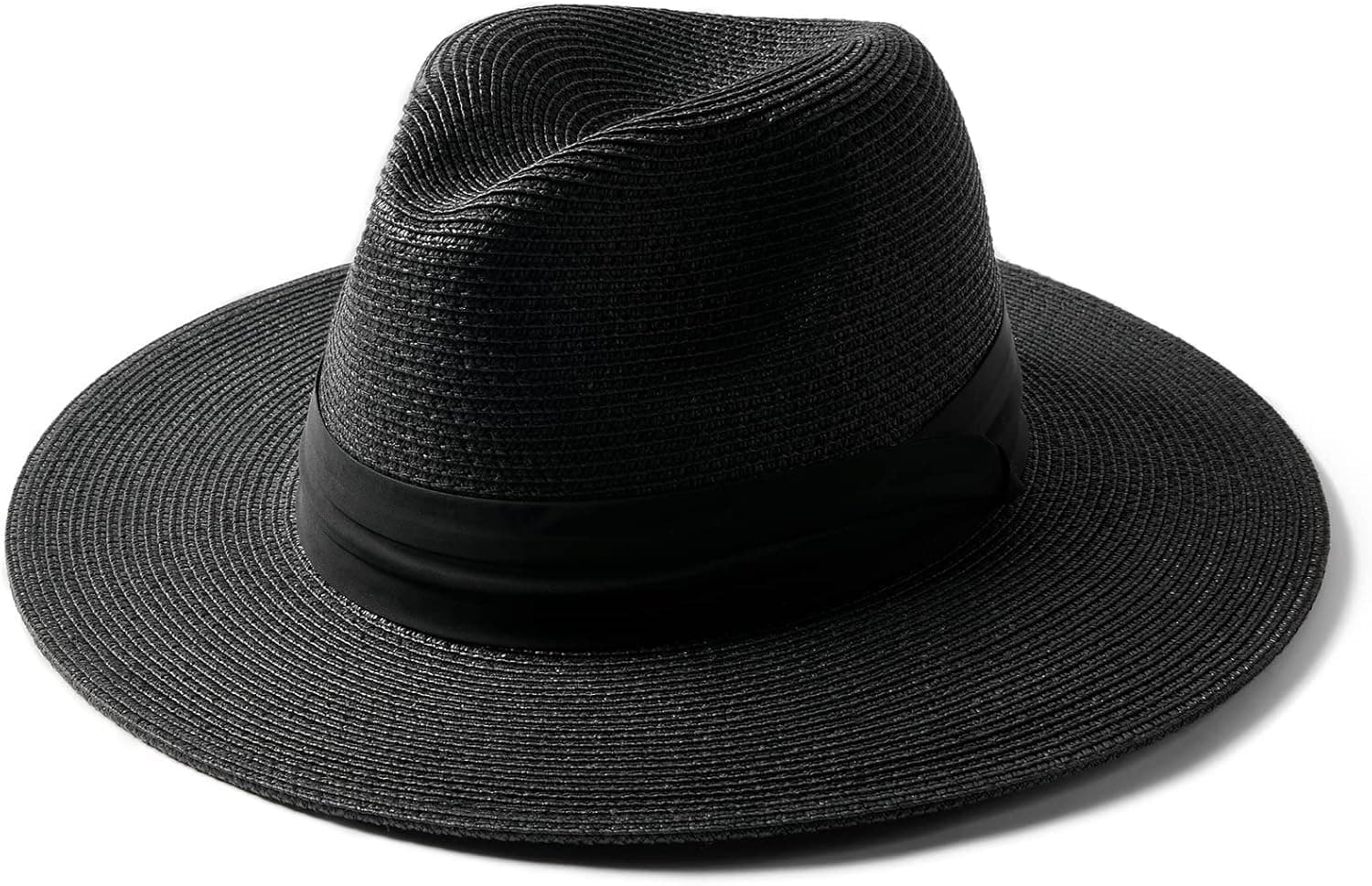 FURTALK Wide Brim Straw Fedora Panama Beach Hat, Foldable & Packable for Travel (Black)