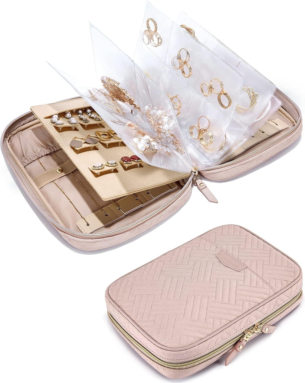 BAGSMART Large Jewelry Travel Organizer Case Ring Binder with Clear Zipper Pouch for Necklaces,