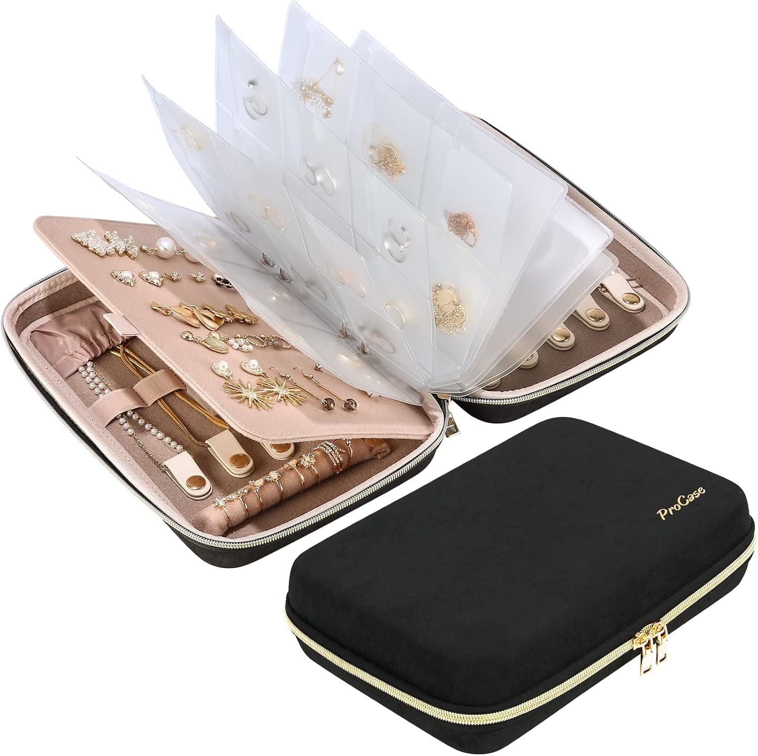 ProCase Large Travel Jewelry Organizer Case, Storage Book Ring Binder with Clear Pockets, Zippe