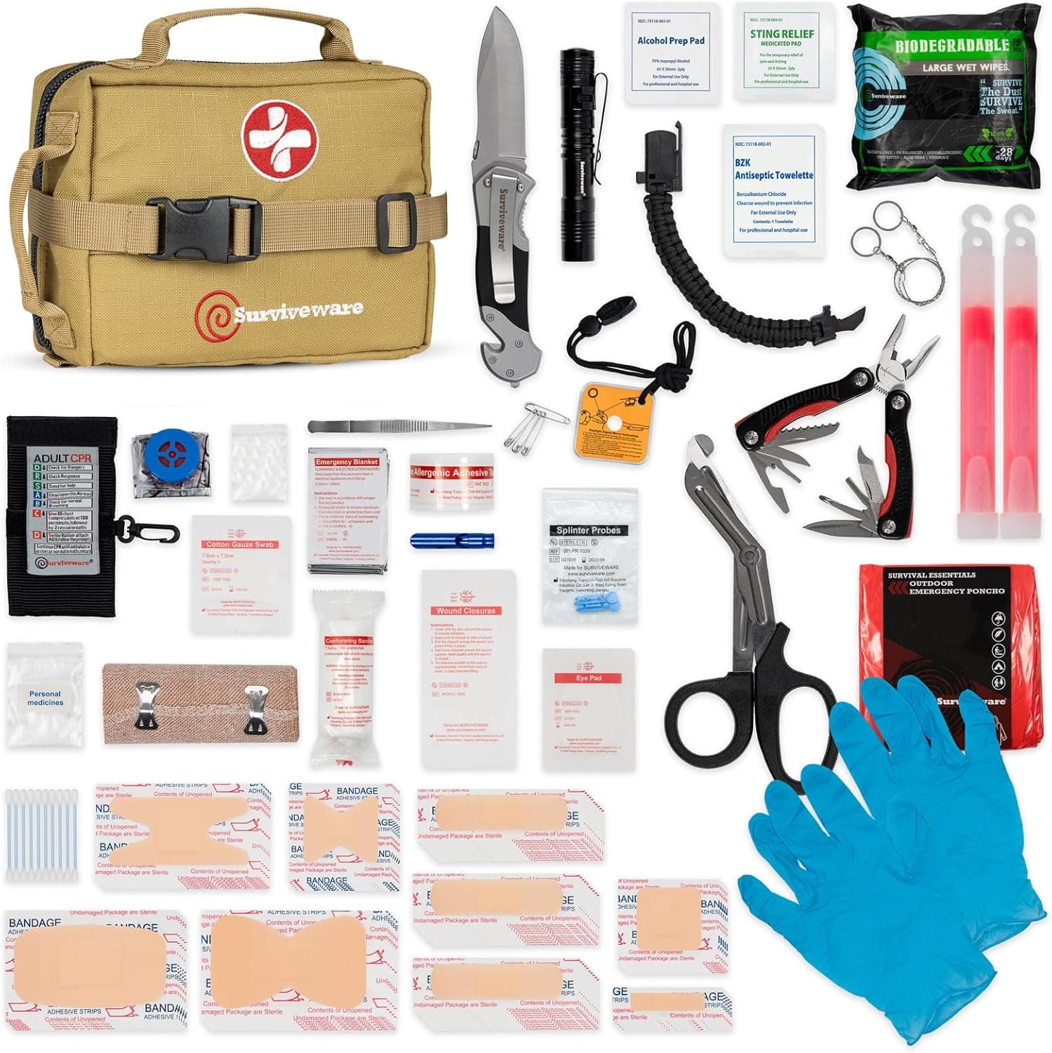 Surviveware 119 Pcs Comprehensive Premium Survival First Aid Kit for Travel and Camping (HSA/FS